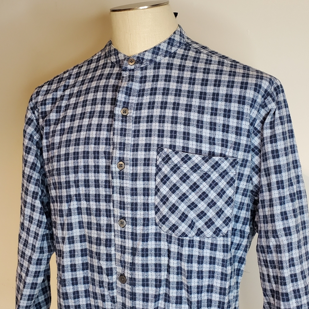 Vintage Flannel Longsleeve Banded Collar Blue Plai